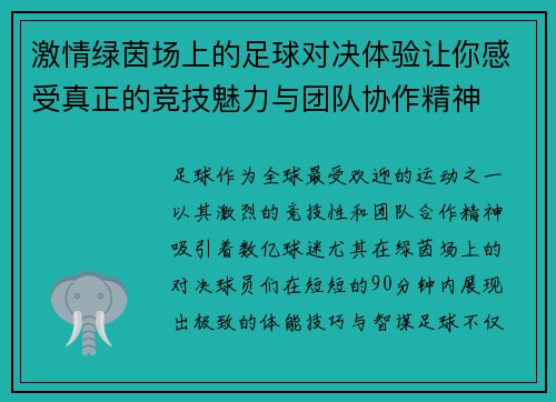 激情绿茵场上的足球对决体验让你感受真正的竞技魅力与团队协作精神